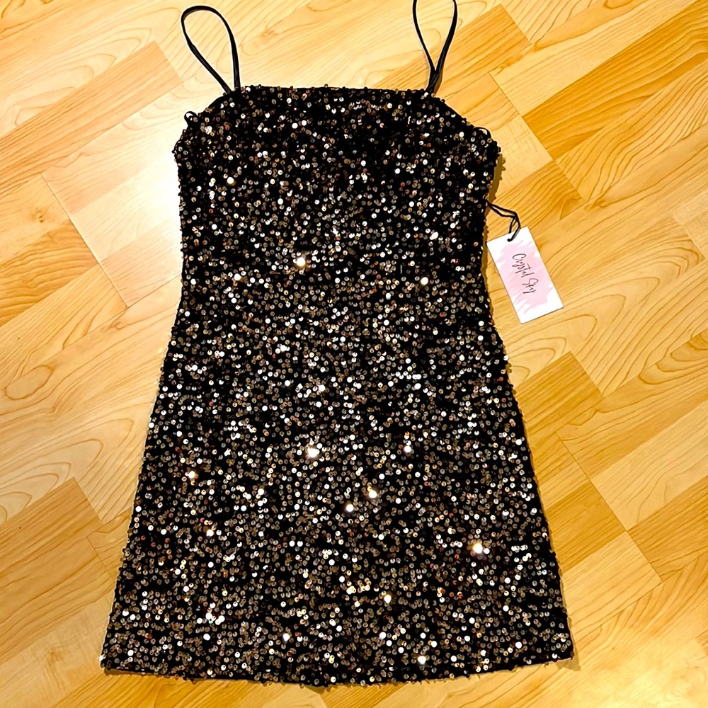 NWT Black Velvet dress with Rose Gold sequins! M